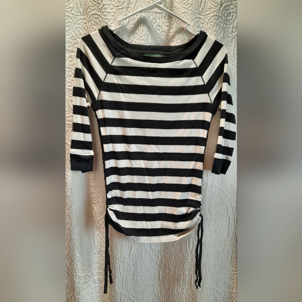 Lauren Ralph Lauren Blouse Womans MP Black and White Striped Fitted Preppy